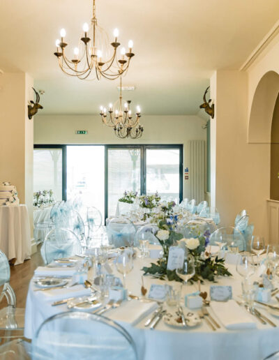 Wedding tables decorated with flowers at St Johns House in Lichfield
